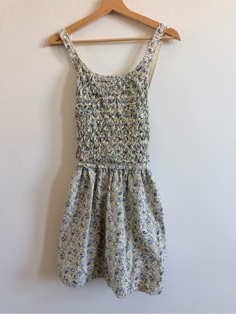 Free People Smocked Mini Dress in Light Yellow with Blue Floral Print